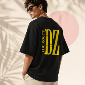 T-shirt oversize noir DZ The Roots, grande typographie jaune grunge « DZ » et « The Roots », design streetwear algérien Creamerch Originals