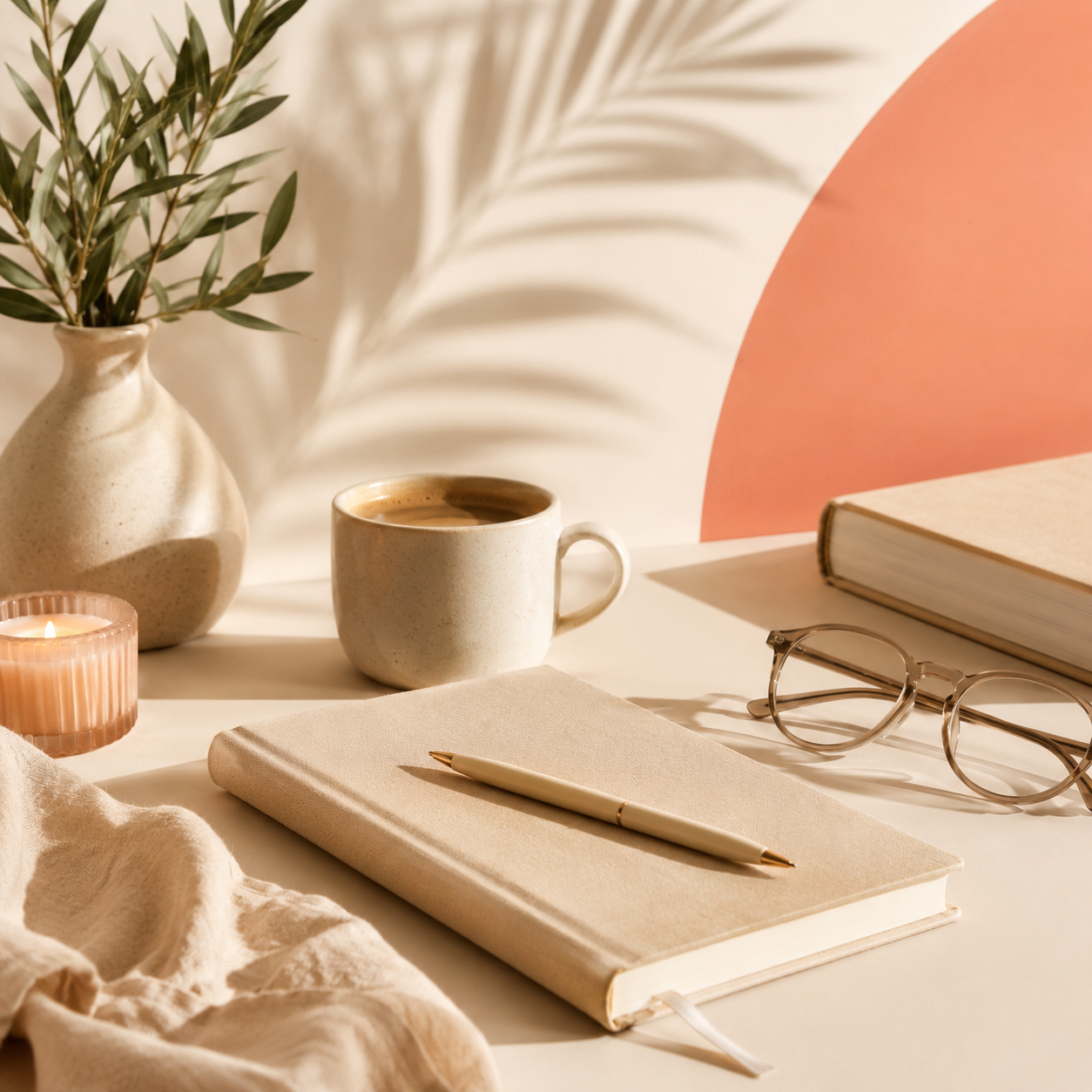 Sélection lifestyle Creamerch avec tasse de café, carnet, lunettes, livre, bougie et petite plante sur fond ivoire, dans une ambiance premium lumineuse et minimaliste.